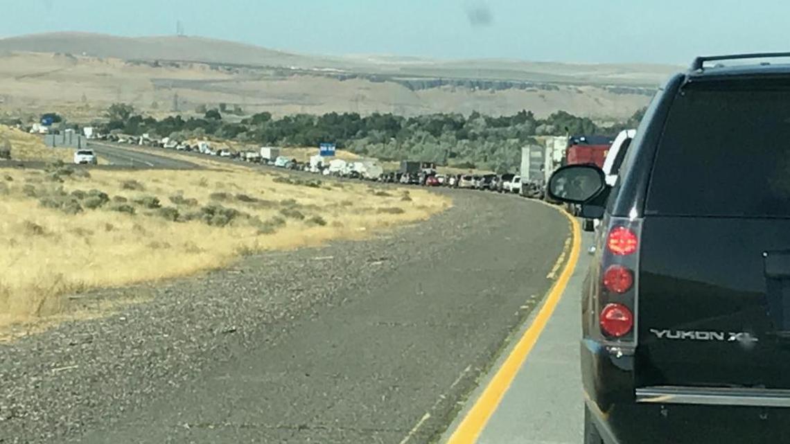 Eclipse traffic backed up in the Washington-bound lanes of Interstate 82 in Umatilla Monday afternoon. The Columbia River crossing is undergoing a major rehabilitation, forcing traffic into a single lane in each direction.