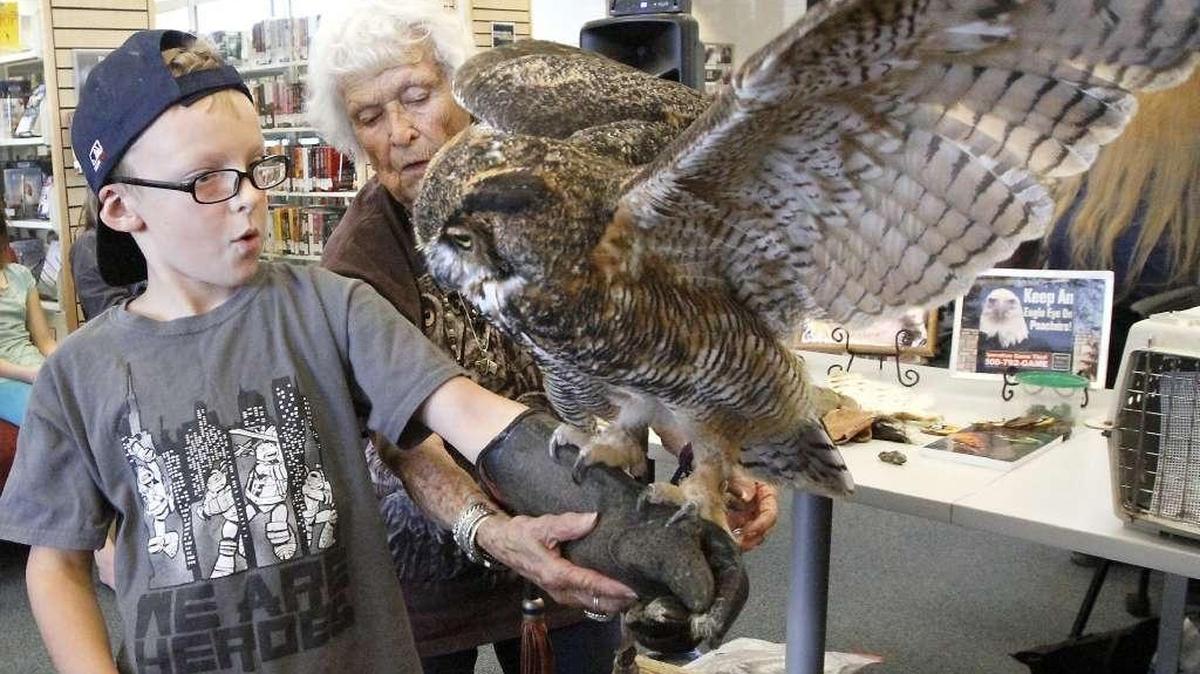 Doris Mager, the “Eagle Lady,” lets a child hold ET, a great horned owl at an event at the West Richland Library.