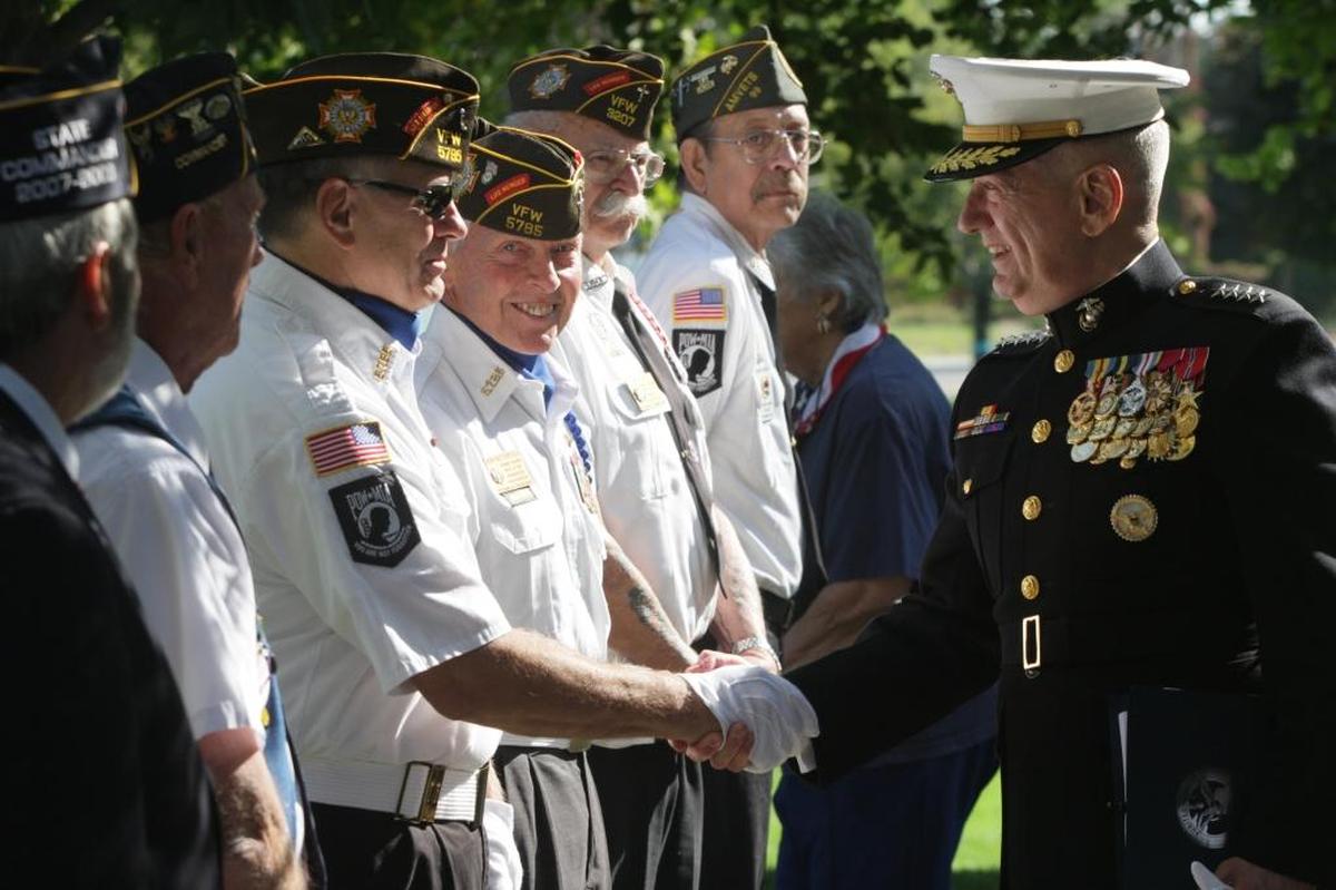 Gen. James Mattis, then commander of the U.S. Central Command, greets veterans in 2012 prior to the Time of Remembrance ceremony at Flat Top Park in West Richland. The event honored men and women who have died fighting the war on terrorism in Iraq and Afghanistan.