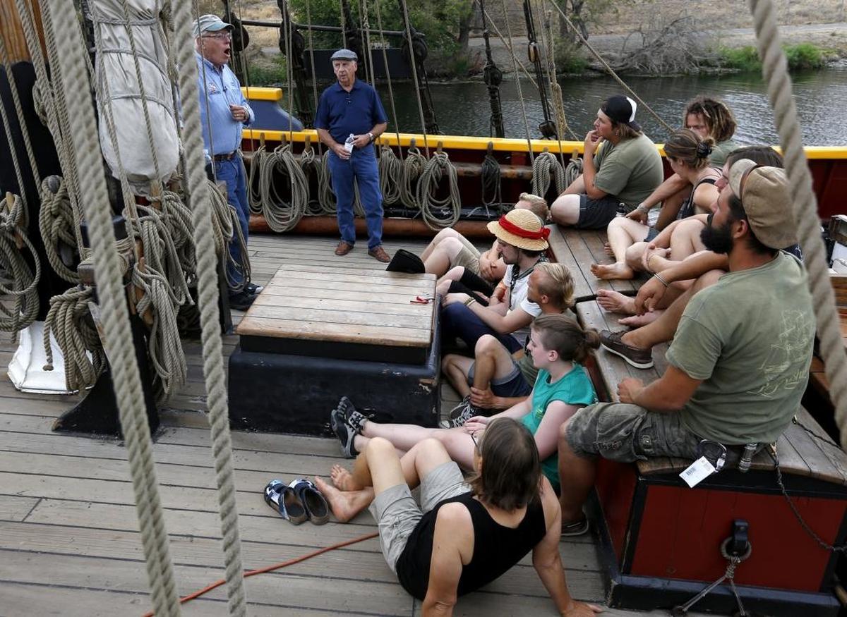 Shanty-man Hank Cramer teaches crew members various sea shanties on the deck of the Lady Washington when it docked in Pasco in 2015.