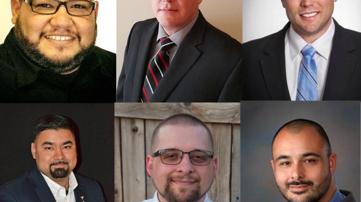 Top row, from left: Abel Campos, Trevor Sall and Pete Serrano. Bottom row, from left: Robert “RJ” Garcia, Dan Hatch and Chi Flores.