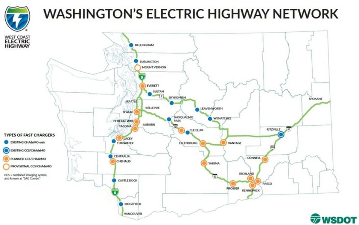 Fifteen new fast-charging electric vehicle stations are planned to be added in Washington state by June 2019, as shown by the double orange circles. They will help fill the gap between the Tri-Cities and Interstate 90.