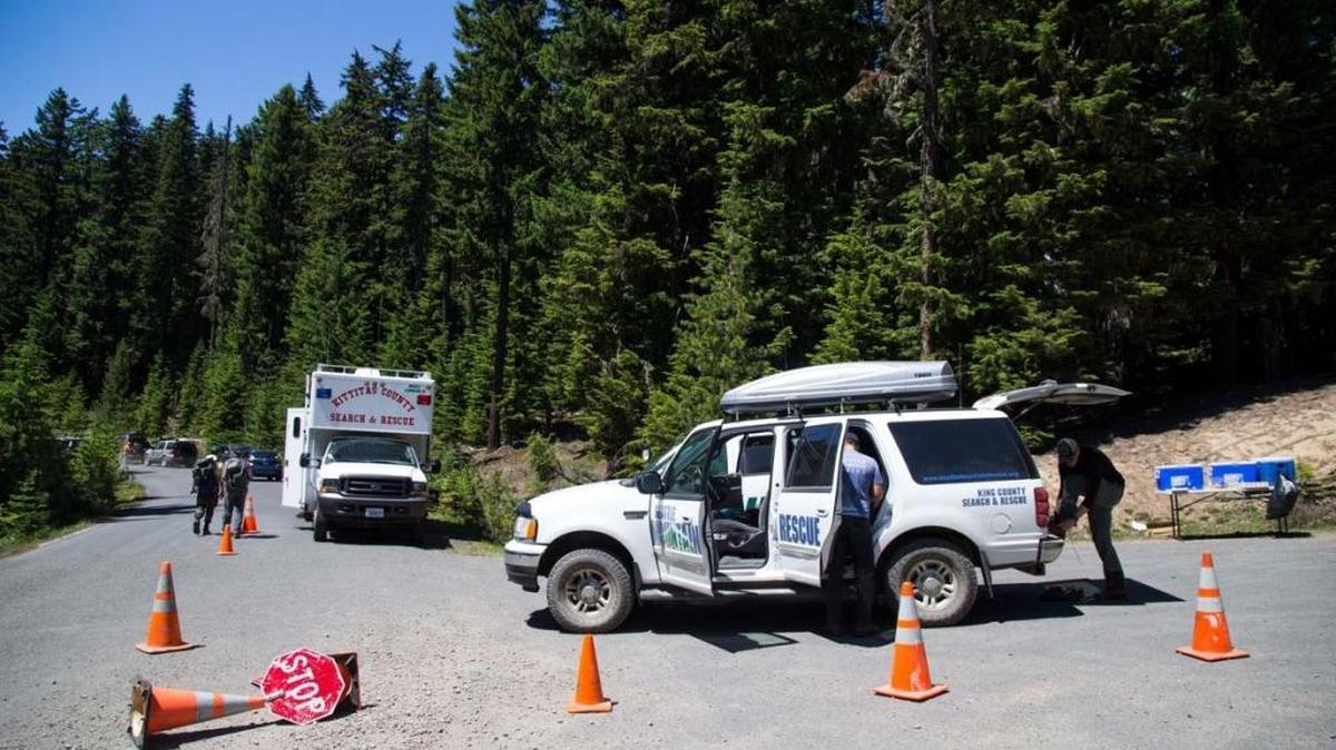 A search and rescue command post was set up at the intersection of forest road 1900 and 1914, close to where 20-year-old Kaylean Johnson went missing, near Nile, Wash. Johnson was riding on a 1974 Harley Davidson motorcycle with Patrick Frawley, 61, when it crashed over an embankment on June 23, north of State Route 410.