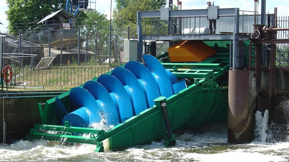 PNNL is helping Percheron Power of Kennewick design screw-shaped turbines, called Archimedes Hydrodynamic Screw turbines, for hydropower generation in small waterways. Shown here is a steel Archimedes turbine at a hydropower plant in Goryn, Poland.
