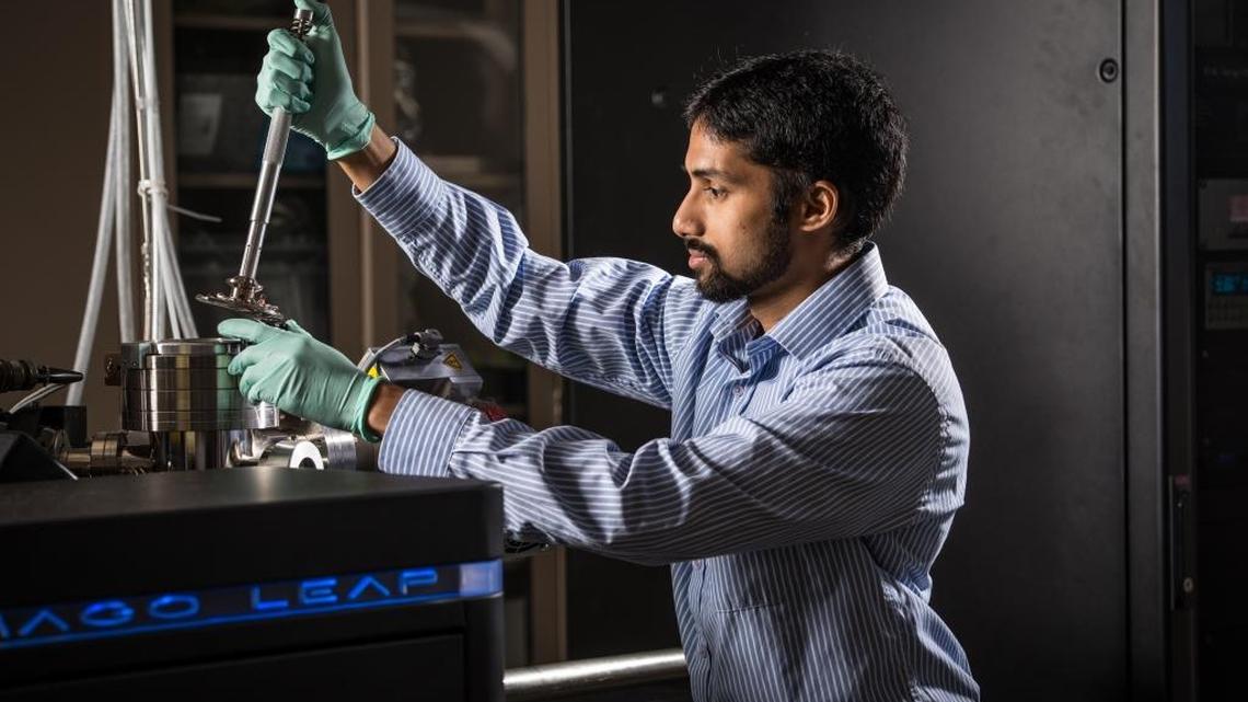 Researcher Arun Devaraj and his colleagues at Pacific Northwest National Laboratory in Richland use an atom probe tomography system, or APT, to create an “atomic map” of how the individual atoms within a titanium alloy are arranged, and then manipulated the arrangement to form a special nanostructure — resulting in the strongest titanium alloy available today. The APT is one of the specialized instruments at EMSL — the Environmental Molecular Sciences Laboratory — a DOE Office of Science User Facility at PNNL.