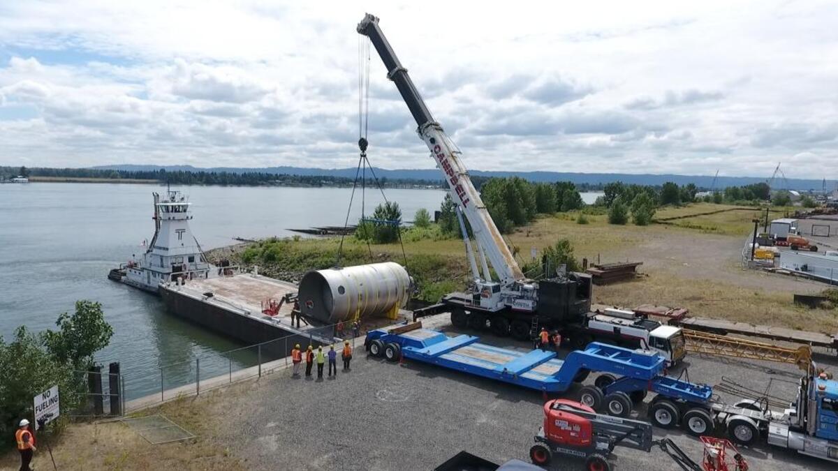 This 65-ton stainless steel vessel was barged up the Columbia River from Vancouver to Richland summer as part of research connected to Hanford’s vitrification plant.