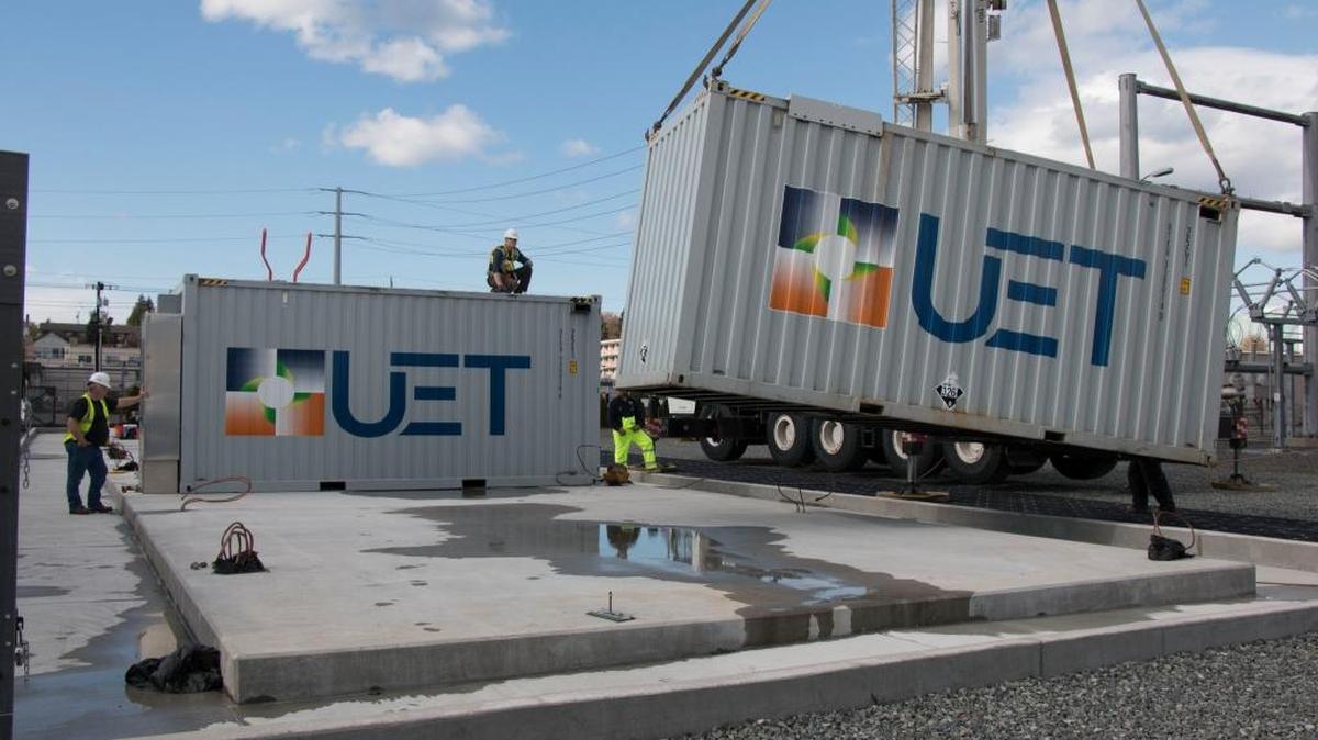UniEnergy Technologies' vanadium flow battery system using technology developed at Pacific Northwest National Laboratory is housed in shipping containers. The 8 megawatt-hour system was installed in March 2017 at a Snohomish PUD substation in Everett, Wash.