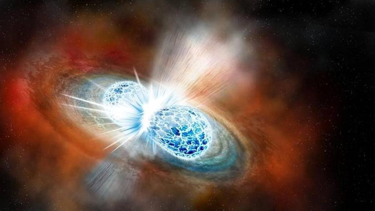 In an image provided by the Carnegie Institution for Science, an artist’s rendering of the merger of two neutron stars. In a scientific first that set off a flurry of astronomic research, sensors at the LIGO observatory at Hanford helped detect the collision on Aug. 17. Such collisions are thought to have created much of the universe’s gold, silver, uranium and other heavy elements.