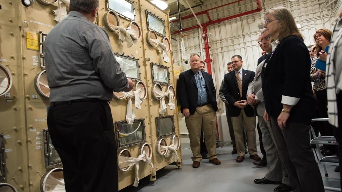 New Pacific Northwest National Laboratory equipment that will enable scientists to determine subtle differences in plutonium processing products was shown recently to Department of Homeland Security sponsors of the project.