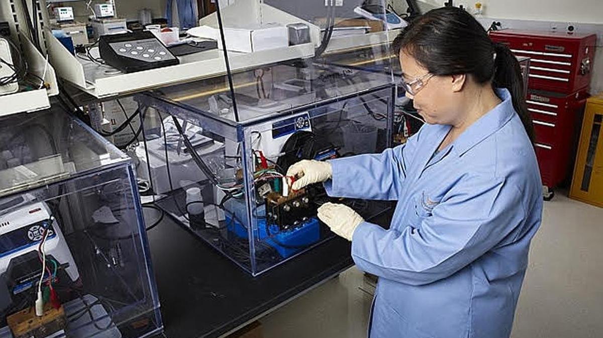 Materials scientist Zimin Nie was named PNNL’s 2015 Inventor of the Year for contributing to the development of electrochemical energy storage technologies that could be used to incorporate intermittent renewable energy sources such as solar and wind into the electric grid. In one recent project, she and her colleagues studied organic aqueous flow batteries, exploring the use of inexpensive organic molecules instead of the commodity metals used as the active materials in today’s flow batteries. The development is projected to reduce the cost of the systems by as much as 60 percent.