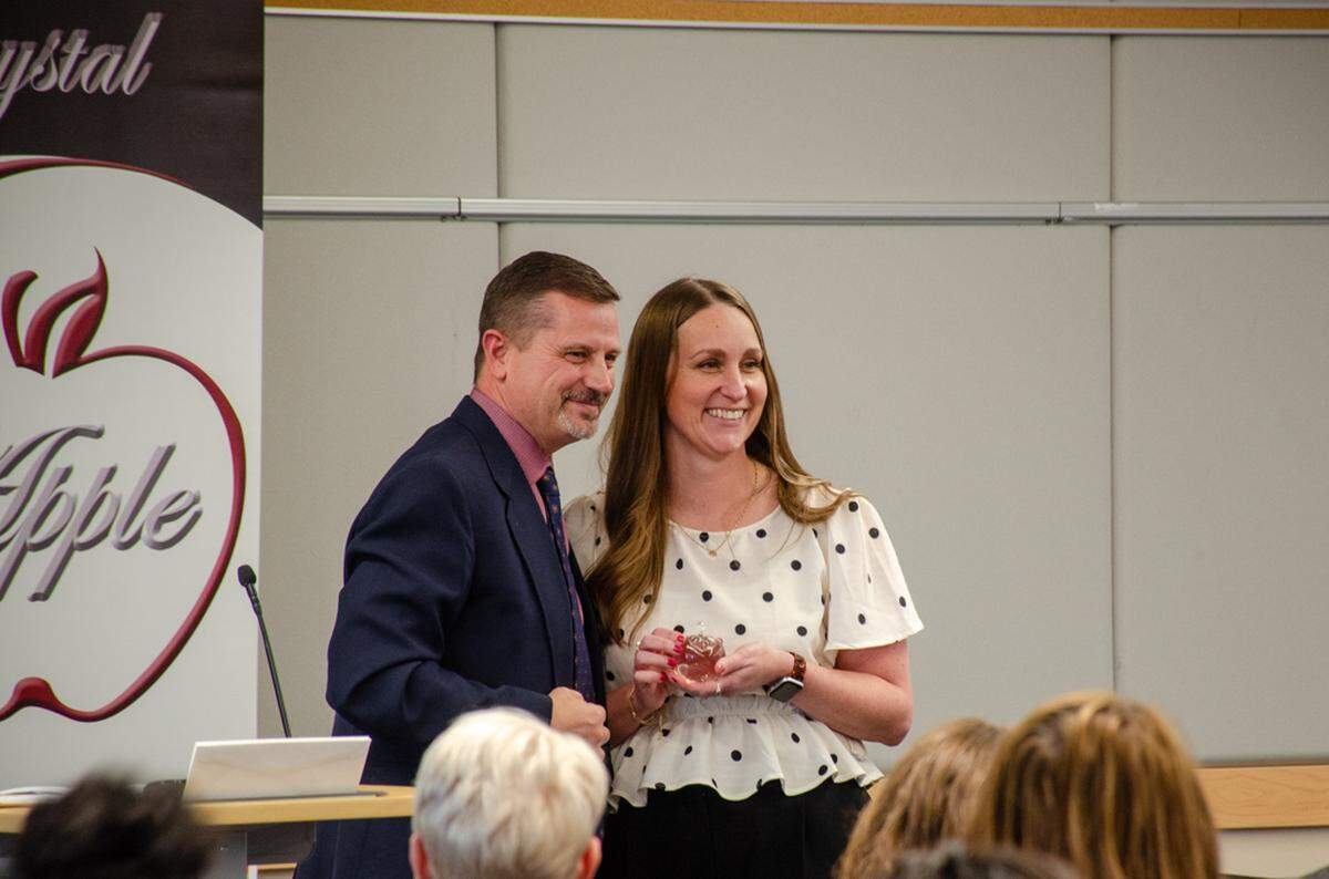 Kennewick Superintendent Lance Hansen poses for a photo with the district’s 2026 winner, Kori Cannon, a kindergarten teacher at Westgate Elementary School.