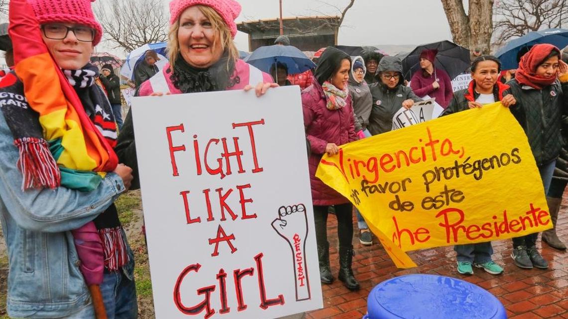 Locals of all ages gathered and stood in the rain holding signs for the second annual Women’s March on Sunday at John Dam Plaza in Richland. Organizers said about 1,000 people braved the chilly, damp weather. Many sported signs that were, for the most part, supportive of women’s rights or against Donald Trump. Tens of thousands attended marches around the country Saturday.