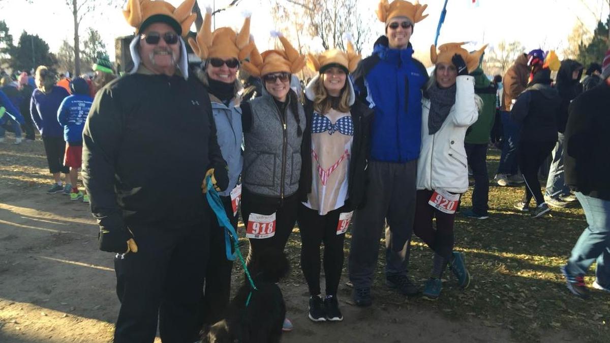 The Nelson family gets ready for Thursday’s Turkey Trot.