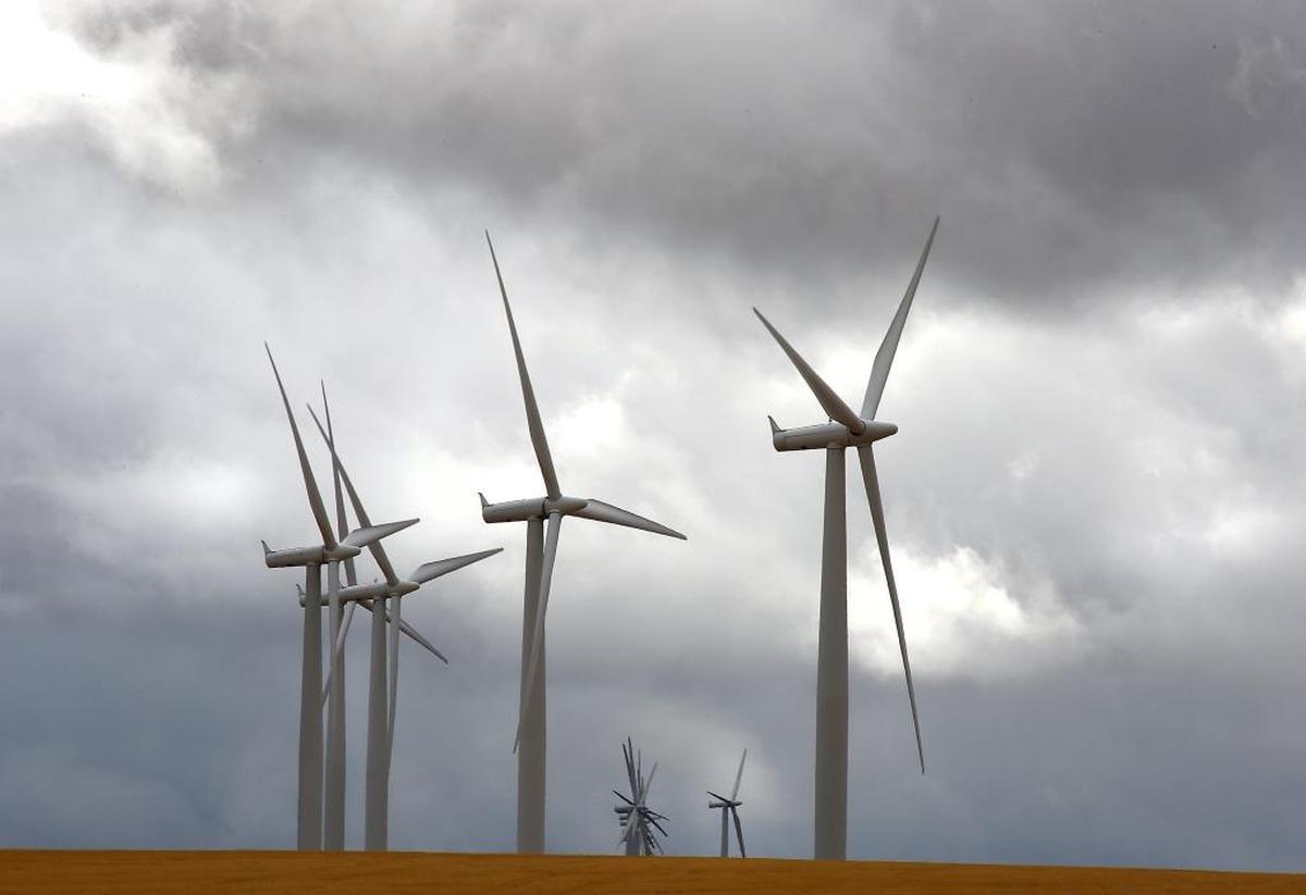 A line of wind turbines on a hill off Owens Road near Bateman Road south of Kennewick.