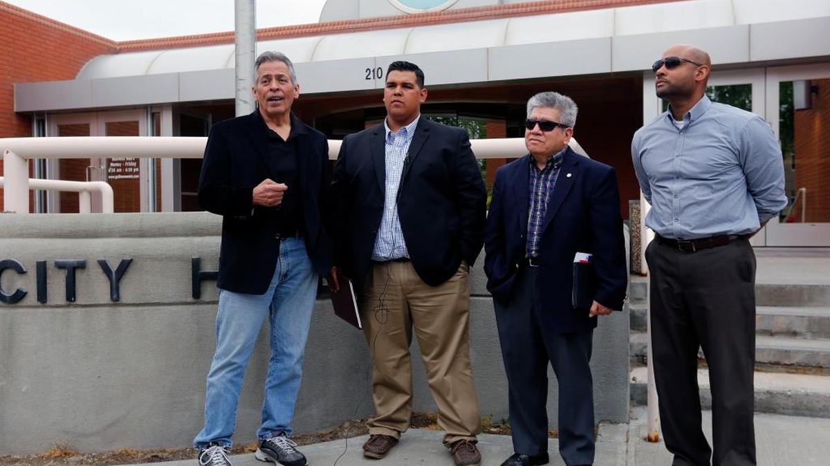 Kennewick Latino community group leaders, from left, Rick Rios, Leo Perales, Gabriel Portugal and Edison announced they wouldn’t call for a boycott of Kennewick duing a press conference last year. Perales plans to seek a position on the Kennewick City Council.