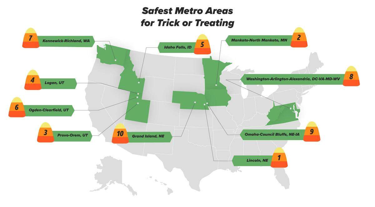The 10 safest communities for trick-or-treaters, as compiled by researchers at ADT.