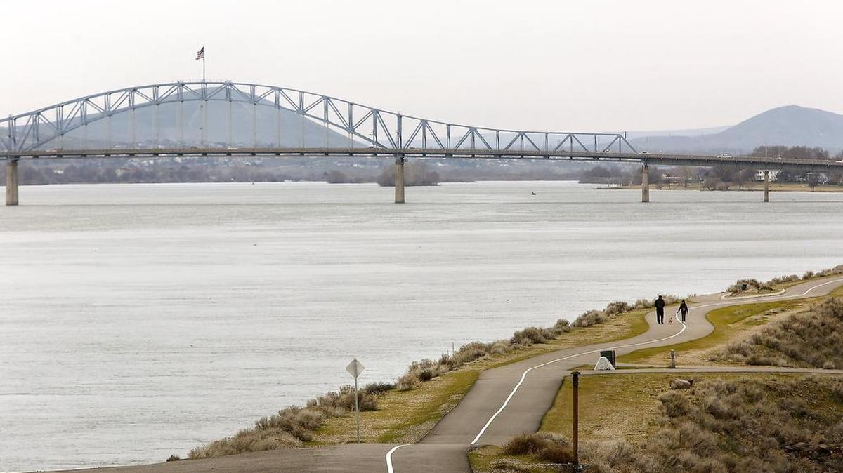 A pair of walkers and their dog make their way along the paved pathway between the cable and blue bridges on the Pasco side of the Columbia River shoreline.