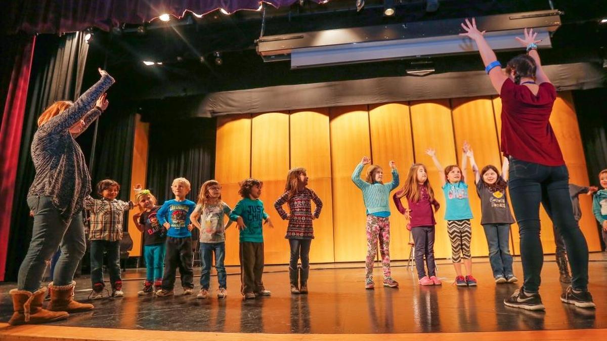 Students from Columbia Elementary School practice their lines with Julia Boulard, far right, of the Missoula Children’s Theatre, in the auditorium of Columbia High School in Burbank on Wednesday. The students are performing Aladdin at 1 p.m. and 7 p.m. on Dec. 1.