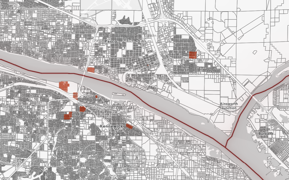 A map provided by Eastern Washington University researchers shows Tri-City properties with unenforceable racial restrictive covenants. More than 600 parcels are affected.