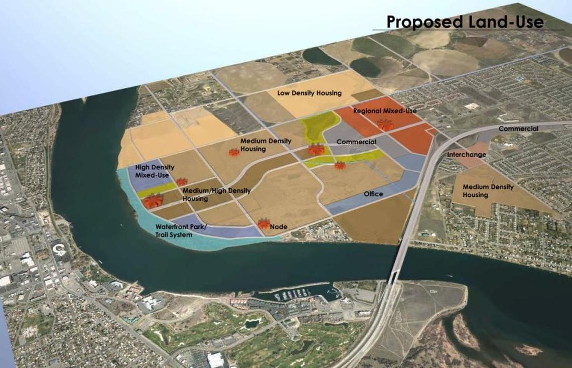 The City of Pasco envisions a mixed-use development that would bring more than 5,000 homes as well as commercial space, parks and walking trails to the 1,600-plus acres west of Broadmoor Boulevard, along the Columbia River.