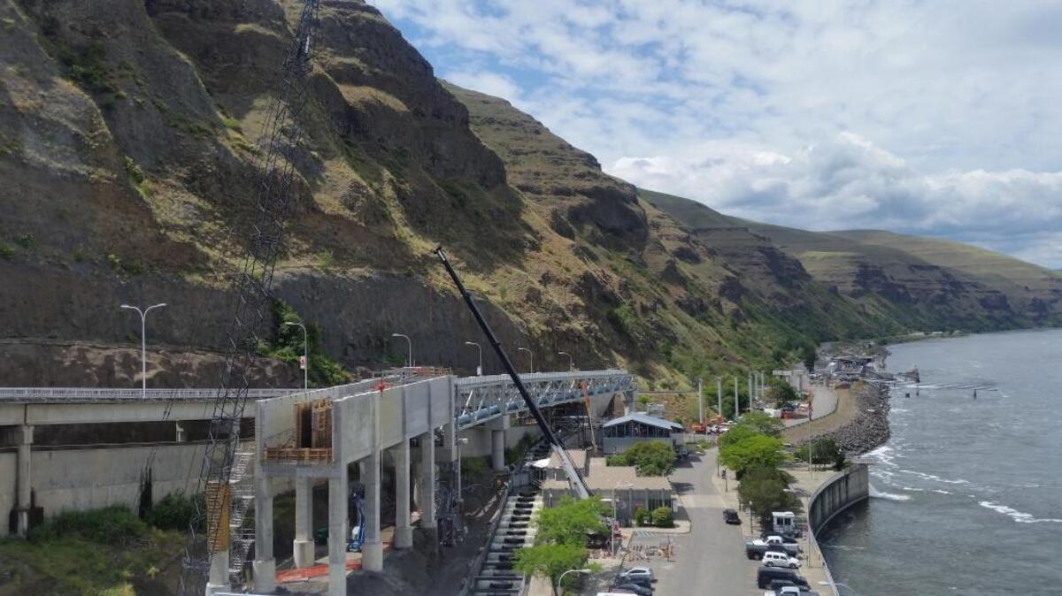 The Lower Granite Juvenile Bypass System elevated flume is shown under construction. It will lead fish to the downstream Juvenile Fish Facility.