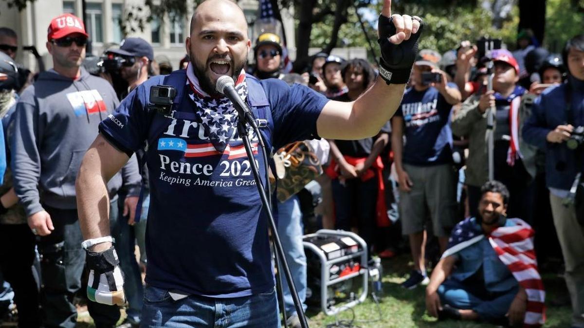 Joey Gibson speaks during a rally in support of free speech in Berkeley, Calif. Gibson is from Vancouver and founded Patriot Prayer. He plans to run as a Republican against U.S. Sen. Maria Cantwell, D-Wash.