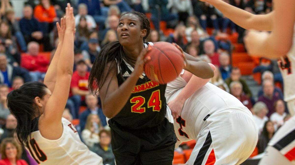 Kamiakin’s Oumou Toure (24), shown here in a game earlier this year against Kennewick, had a game-high 14 points to lead Kamiakin over Snohomish in the Class 3A tournament in the Tacoma Dome.