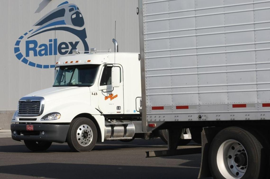 Semi trucks line up outside the Railex building at Wallula delivering their goods to the rail shipping facility in 2007.