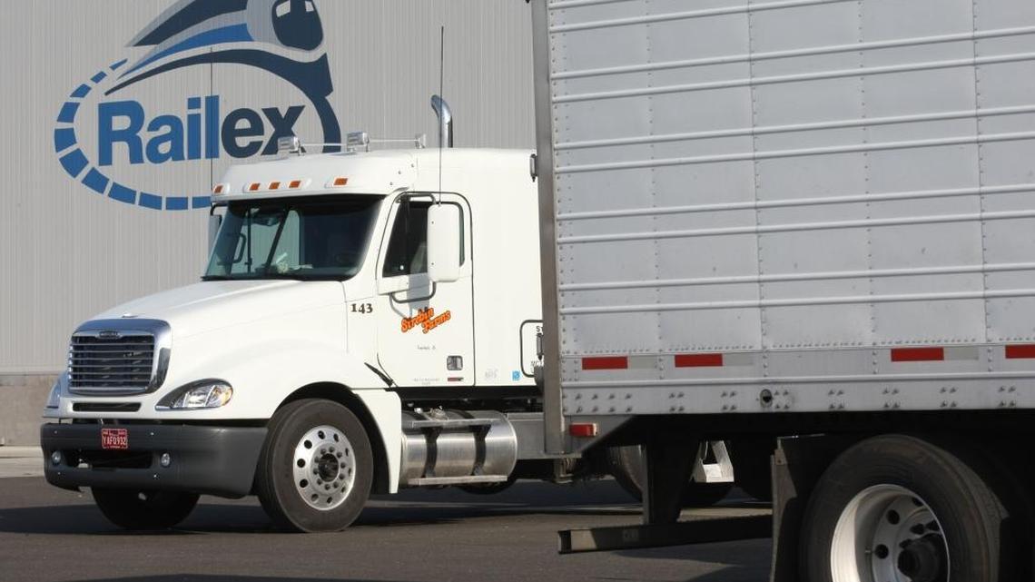 Semi trucks line up outside the Railex building at Wallula delivering their goods to the rail shipping facility in 2007.