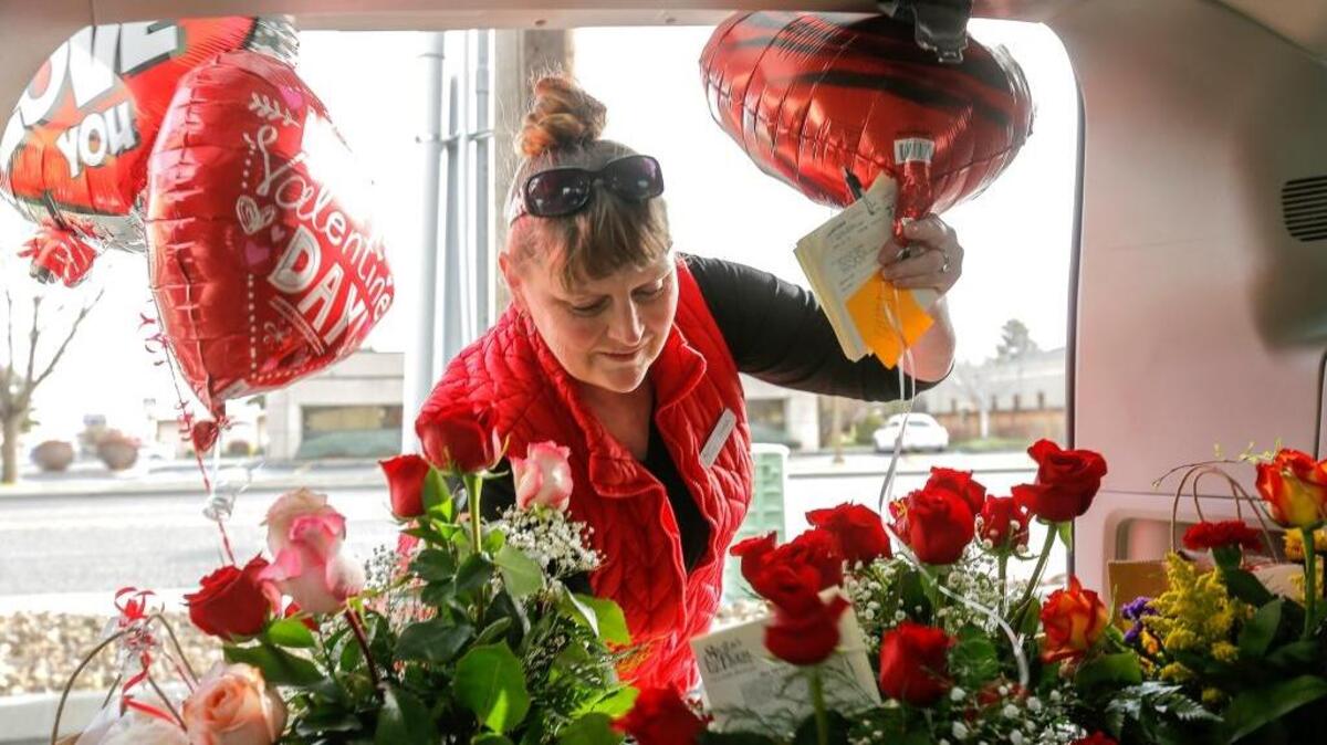 Dana Stone, an employee at Shelby’s Floral in Kennewick, fills up the store’s delivery van with bouquets of flowers and balloons that need to be delivered for Valentine’s Day throughout the Tri-Cities. Shelby Floral has been delivering on more than 500 Valentine’s Day orders since Tuesday.