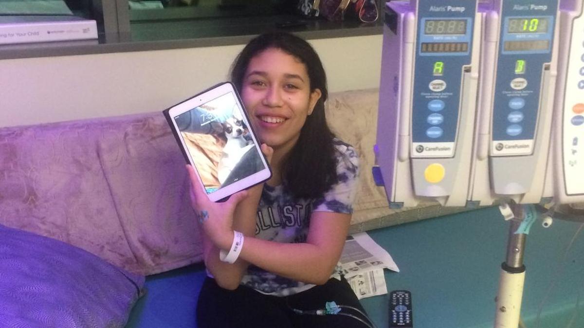 Asia Ta holds up an iPad with a photo of her dog, Louie, while getting treatment at Seattle Children’s Hospital. The Pasco 13-year-old was diagnosed with a rare soft tissue cancer in January.