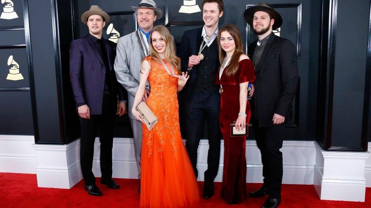 From left, Joe Smart, Mark O’Connor, Maggie O’Connor, Forrest O’Connor, Kate Lee and Geoff Saunders of the O’Connor Band during the arrivals at the 59th Annual Grammy Awards at Staples Center in Los Angeles on Feb. 12.