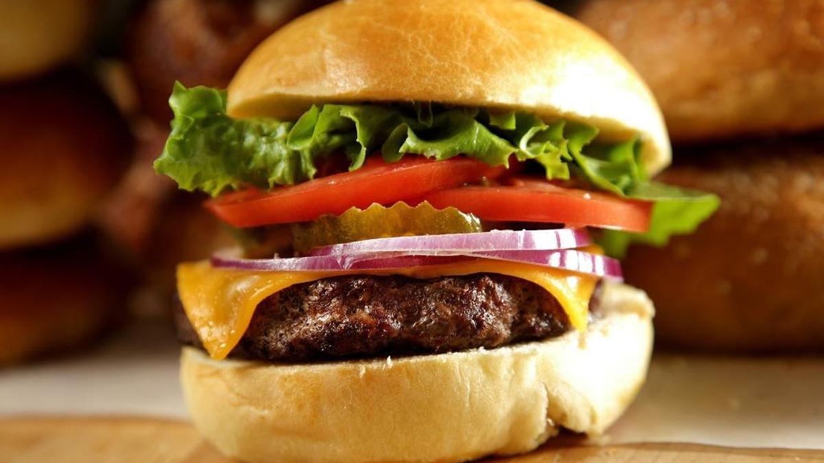 A hamburger on a homemade brioche hamburger bun. (Kirk McKoy/Los Angeles Times/TNS)