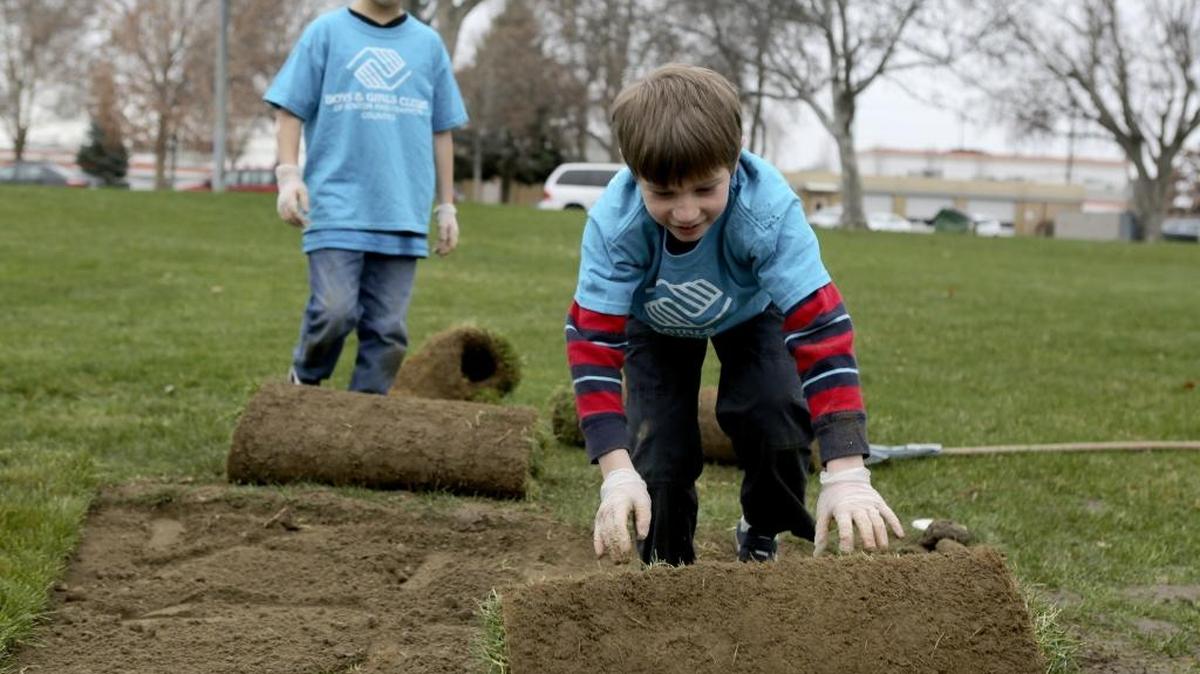 Boys & Girls Club member Caleb Allbritton, 8, unrolls a piece of sod as friend Dominic Cisneros, 9, looks on Wednesday while they clean up Keewaydin Park in Kennewick. The boys’ efforts were part of a community service project during National Boys & Girls Clubs Week. “We come to this park a lot and this is our way of giving back,” said Josh Peterson, the club’s Music & Arts Center director. See a video at www.tricityherald.com/video
