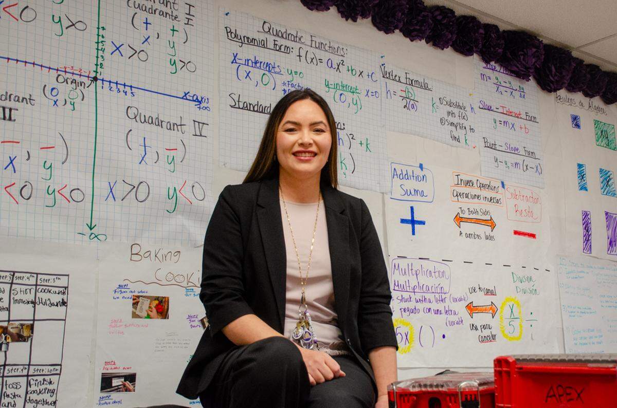 Pasco High School bilingual mathematics teacher Gabriela Whitemarsh poses for a photo in her classroom on Thursday, Dec. 4, 2025. 