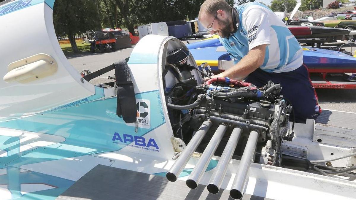 Boat owner Conrad Malmo of Bellingham tinkers with the engine of his 2.5-liter stock racing hydroplane Friday at the three-day Richland Regatta event in Howard Amon Park. About 60 boats are expected at the racing event, which is free to attend. Racing starts at 10 a.m. each day There are a variety of food vendors and a beer gardens. Gusty conditions early Friday prevented race action but organizers are hopeful conditions will improve over the weekend. Watch a video at tricityherald.com/video.