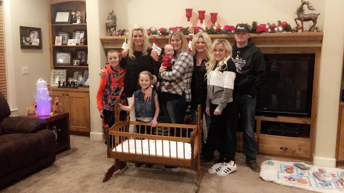 In 1972, Bill Wedberg Sr. of Richland set out to create something special for his first grandchild. Forty-four years later, the family heirloom has cradled, from left: Austin Markham, 12, Kristi (Wedberg) Markham, 40, Khloe Markham, 6, Tyler Weber, 3 months, Kari (Wedberg) Weber, 33, Kim (Wedberg) Wiser, 43, Brooklyn Wiser, 18, and Brandon Wiser, 15.