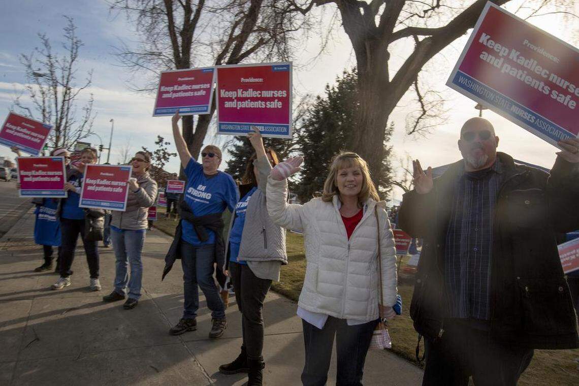 About 200 Kadlec hospital nurses and supporters rallied at John Dam Plaza in Richland in March as contract negotiations with Providence continue on issues involving safety, staffing levels and paid time off.
