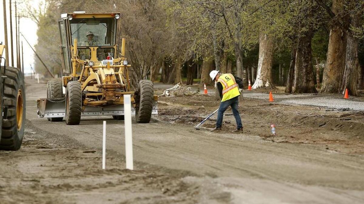 Mike Rodgers, an employee of Granite Construction, rakes the shoulder of a gravel base Tuesday for a shelter belt trail improvement project in Richland. A portion of the multi-use path, between Swift Boulevard and Van Giesen Street, closed April 17 for approximately two weeks for the work to be completed. About 1,700 feet of asphalt trail is being relocated from under the trees to adjacent to the sound wall because tree roots have created an uneven surface for users. The new 10-foot wide path will have one-foot gravel shoulders. Pavement from the existing trail is being removed but a gravel pathway will remain under the trees. This is the second-phase of trail improvements for the pathway.