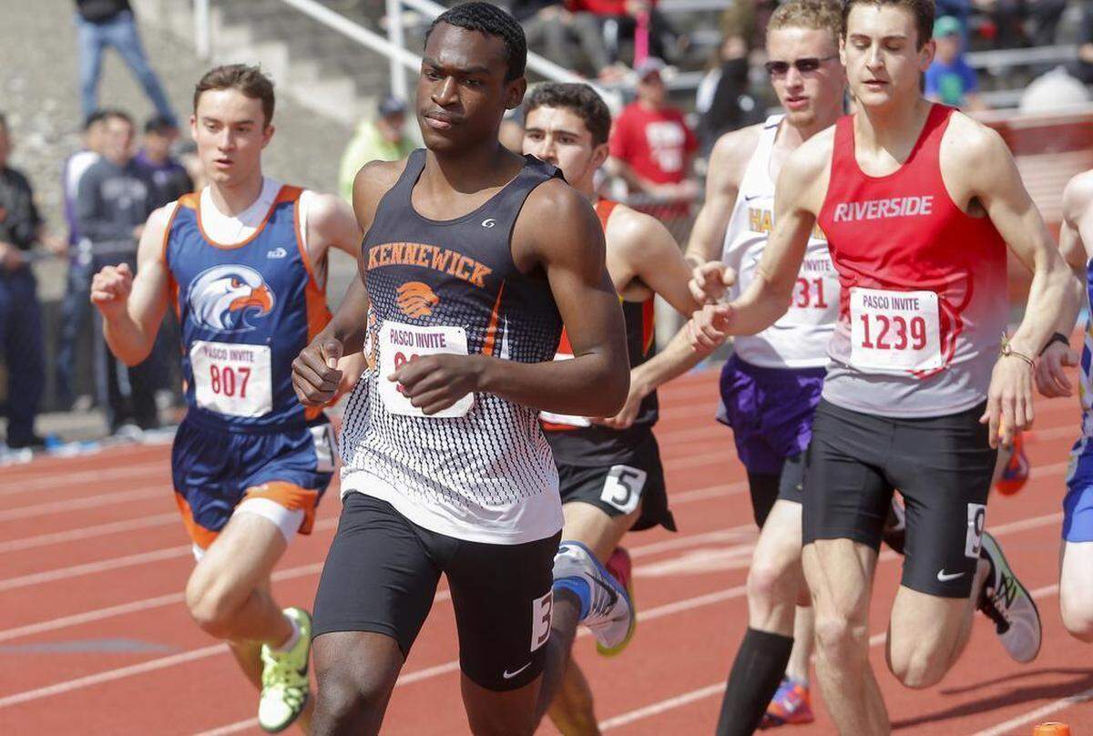 Kennewick’s Johan Correa, shown here in April, took victories in the 800 and 1600 meters, plus ran anchor on the winning 4x400 team. His 1:55.04 time in the 800 is a school record.