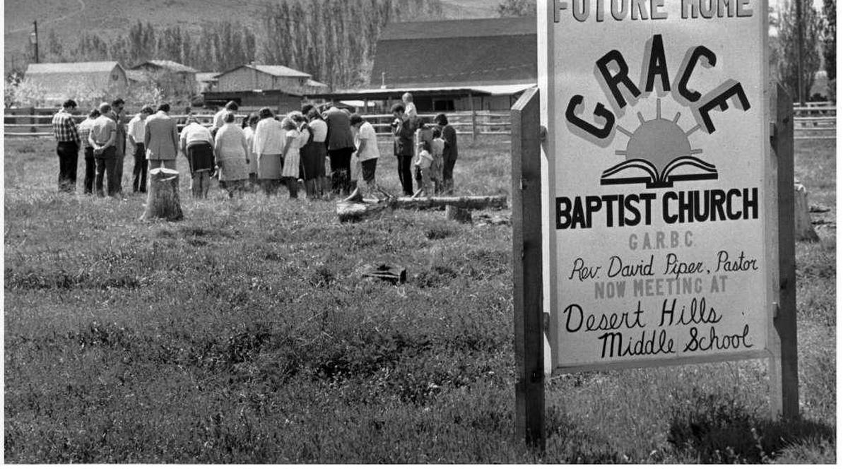 About thirty members made up the congregation of the Grace Baptist Church when it broke ground at its future location at the corner of W. 10th Ave. and Union St. in Kennewick, in this photo taken on April 16, 1984. The congregation had been meeting at Desert Hills Middle School.