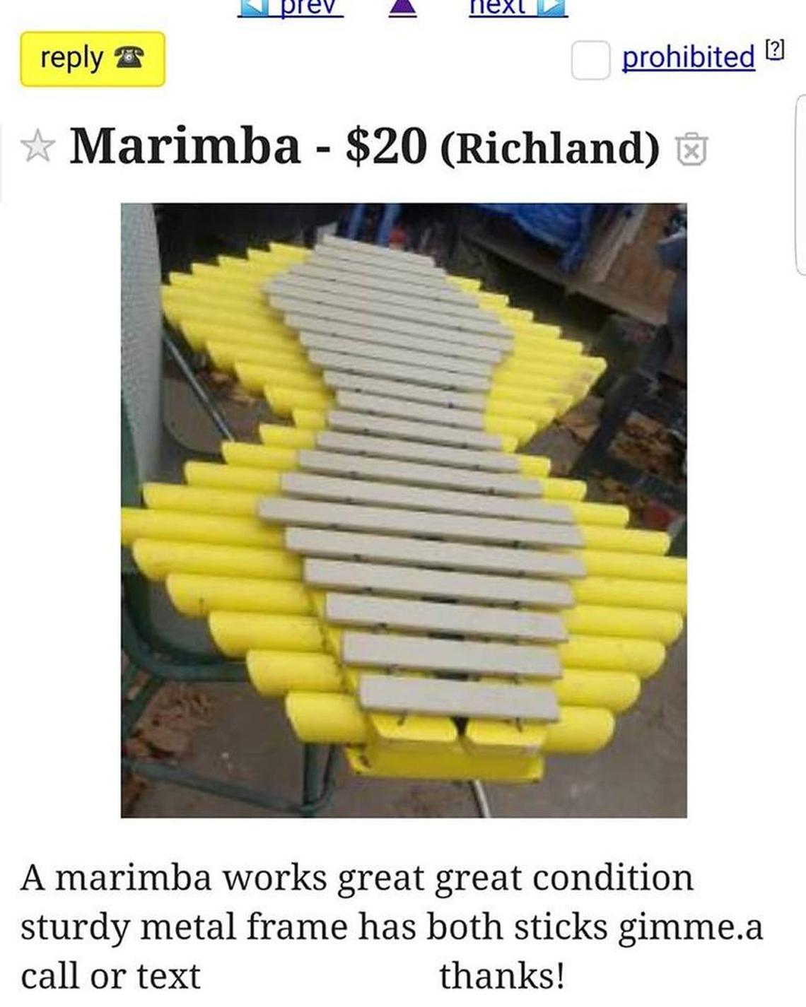 This is a screenshot of the original ad posted to Craigslist for the marimba.