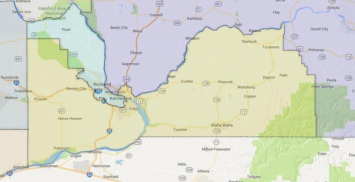The 16th District, in yellow, covers Prosser, part of Pasco and several counties.