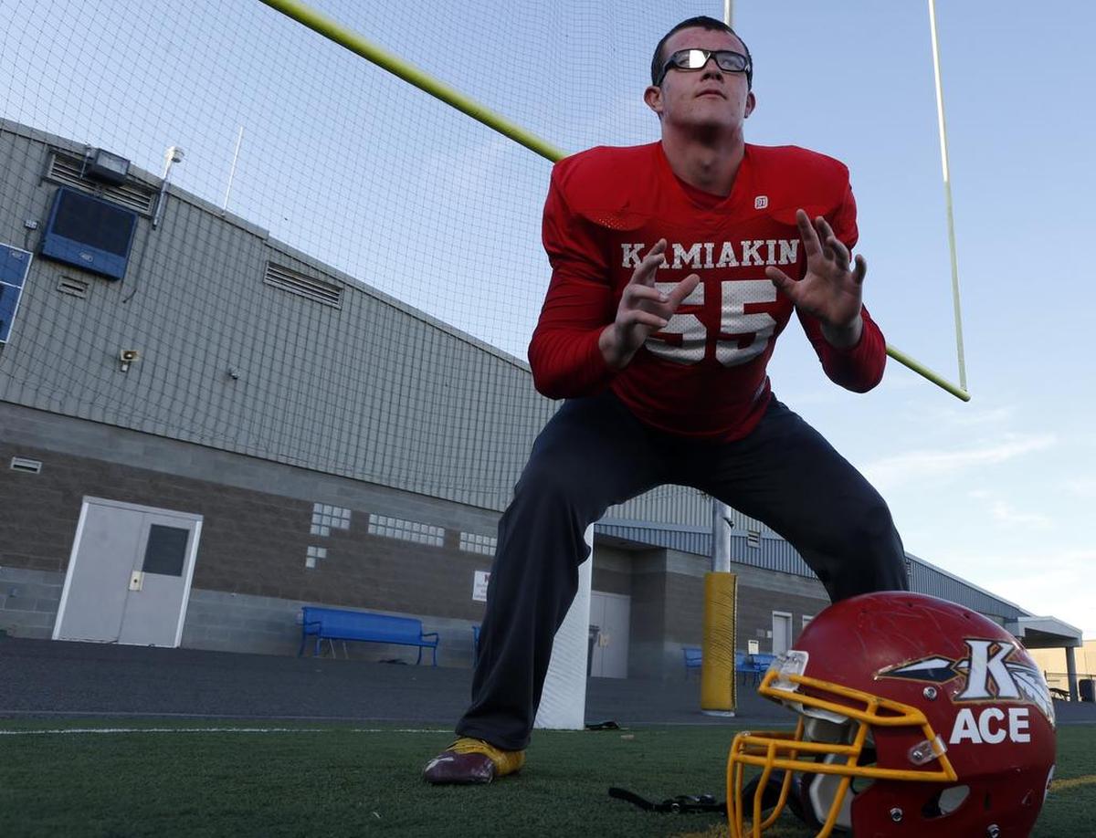 November 19, 2016 - Standing at 6-foot-6, senior lineman Wyatt Musser is one of the not-so-secret weapons of the Kamiakin High School football team and has been recruited to play at Division I colleges. The Braves take on Bonney Lake 1 p.m. Saturday at Lampson Stadium in the Class 3A state quarterfinals.