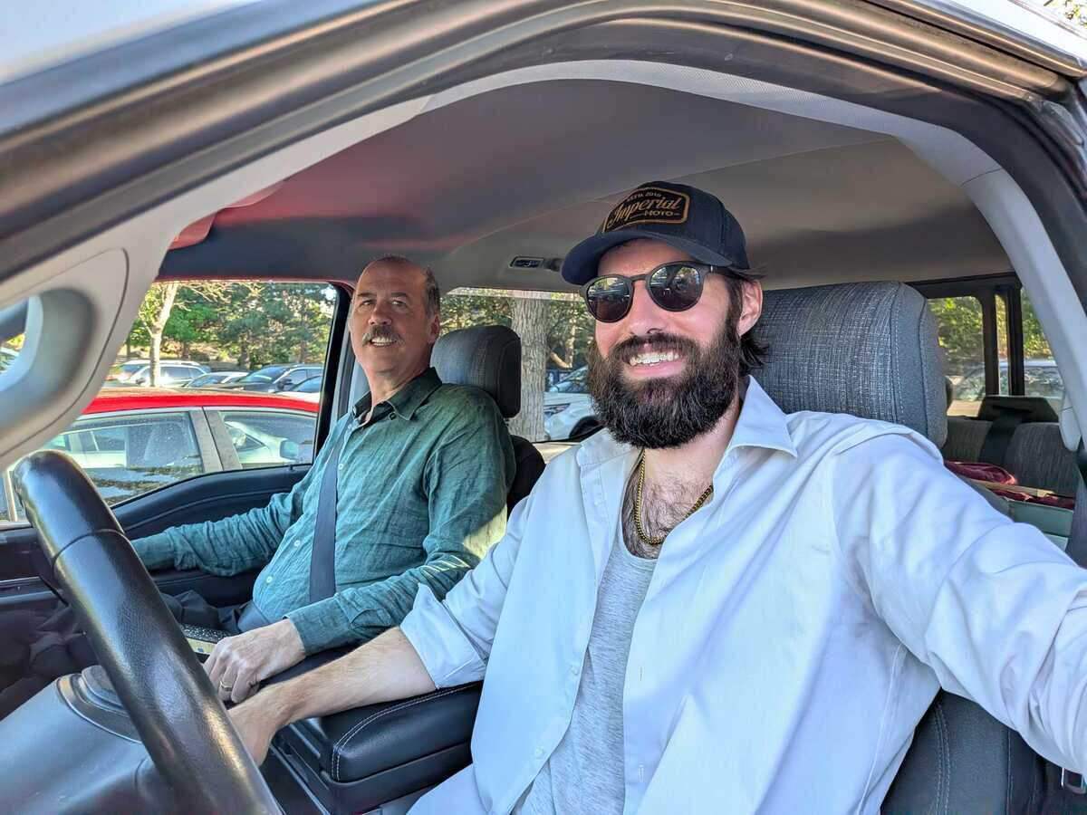 Cascade Party Chair Krist Novoselić and Devin Pooré, a third-party candidate running for Washington’s 4th Congressional District, pose for a photo after a Richland event with voters on July 1.