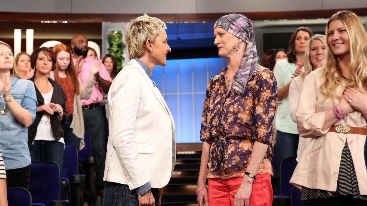 Kathryn Youngman, right, talks with Ellen DeGeneres during a taping of “The Ellen Show” that aired Monday.