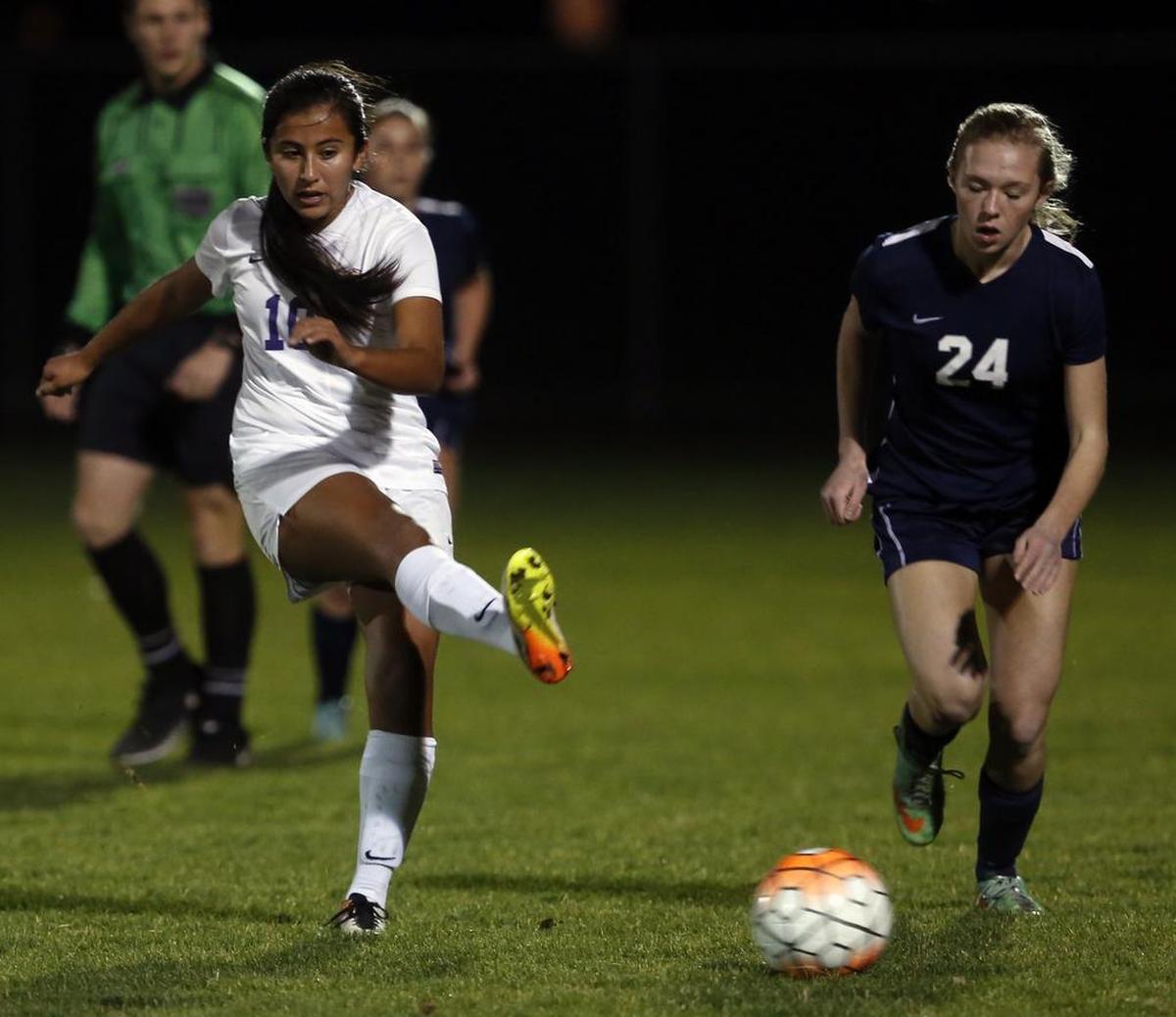 File - Hanford junior midfielder Dani Mendoza (10) used her set-piece opportunities in the 2016 postseason to lift the Falcons to their first state appearance since 2010. 