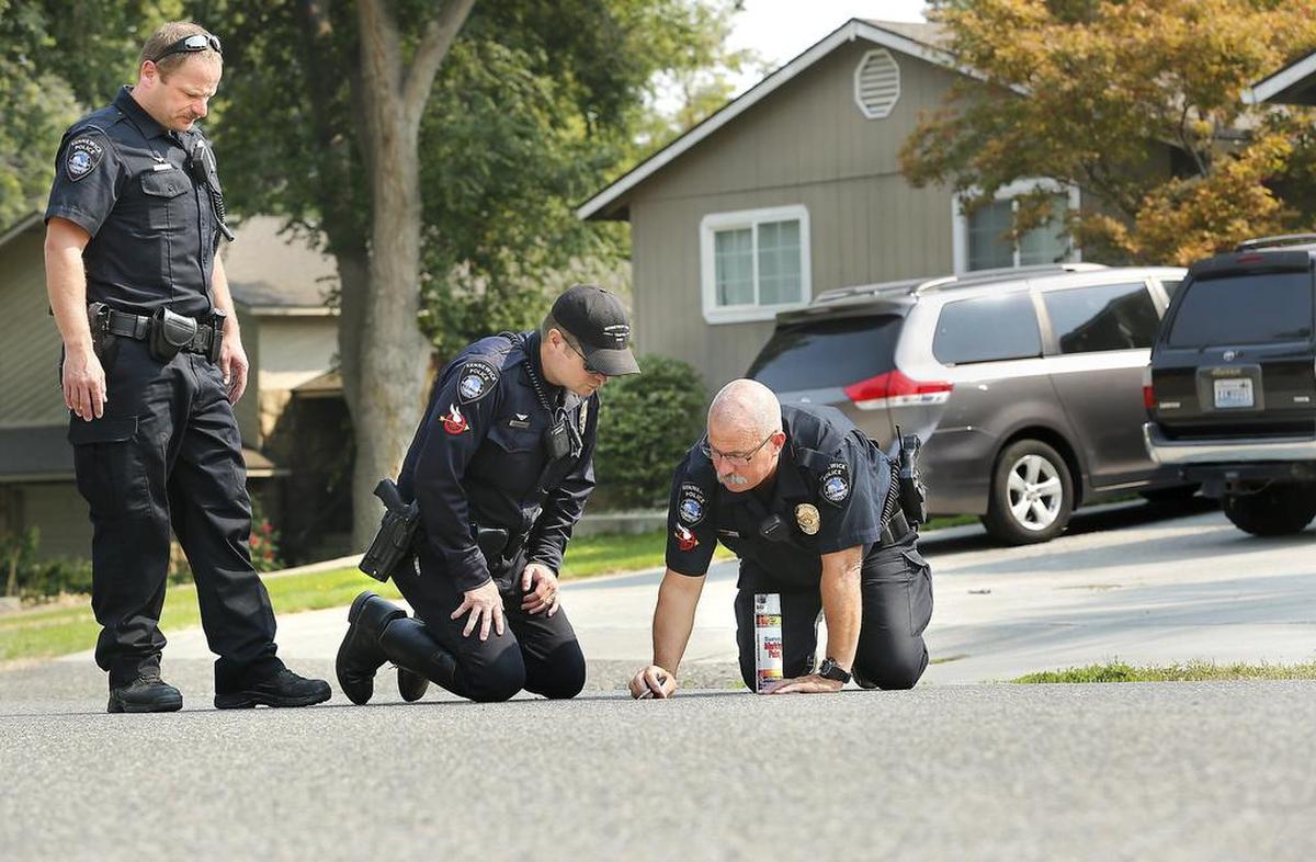 Kennewick police officers Ron Salter, Lee Cooper and Brian Banner, from left, scour the roadway for clues on Sept. 7 from the previous night’s hit-and-run collision that critically injured a Kamiakin High School student.