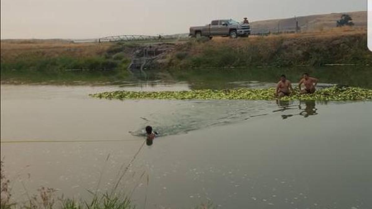 Good Samaritans swim from the submerged semitruck.