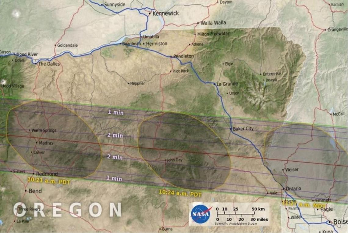 A map showing the path of totality, time and duration of the total eclipse.
